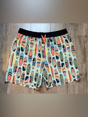 Hurley Surfboard Print Swim Trunks - Coral, Yellow & Navy